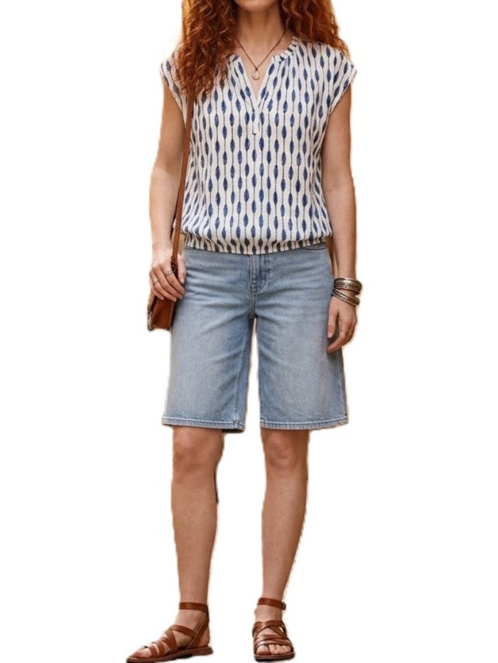GARCIA Printed Blouson Top Medium Cream Blue Relaxed European Style EUC